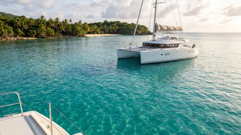 A catamaran at anchor in clear water on a day charter