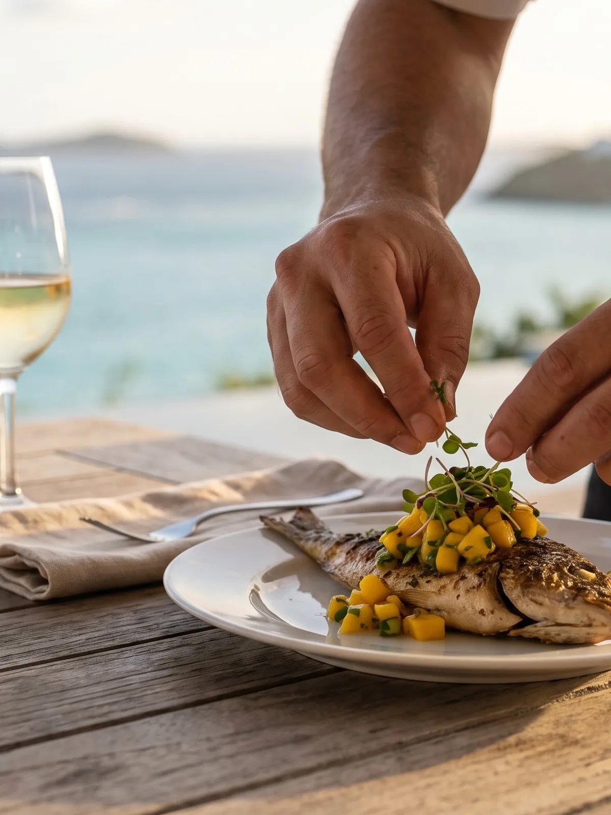 A private chef finishing a plate of grilled fish on a villa terrace