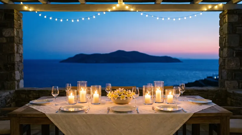 A table set for dinner on a villa terrace at dusk
